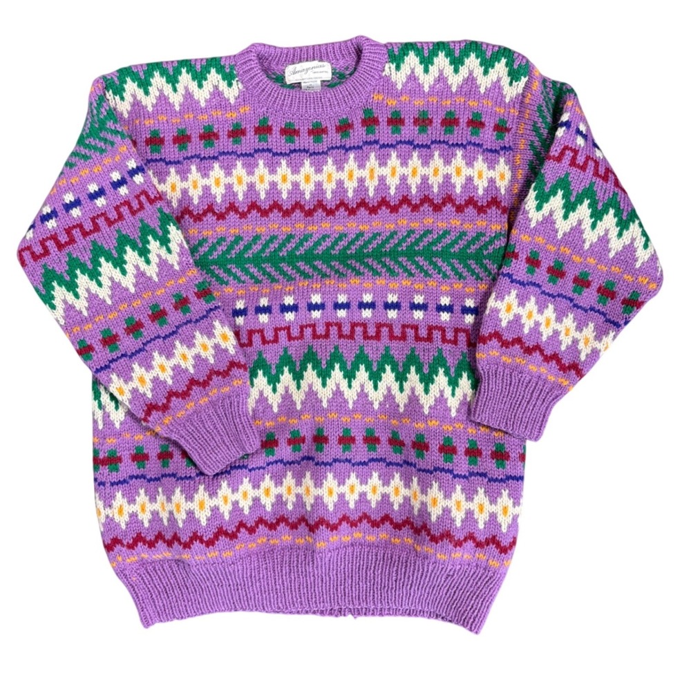 Amazonias Sweater Purple Hand Knitted Wool Fair Isle Geometric Peru Med Flawed